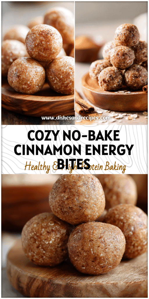 Round no-bake cinnamon roll energy bites made with oats and applesauce shown on a wooden board.